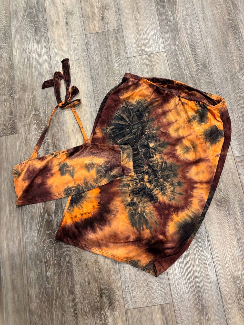 Tie-Dye Two-Piece Halter Top and Skirt Set - Orange, Brown, Black